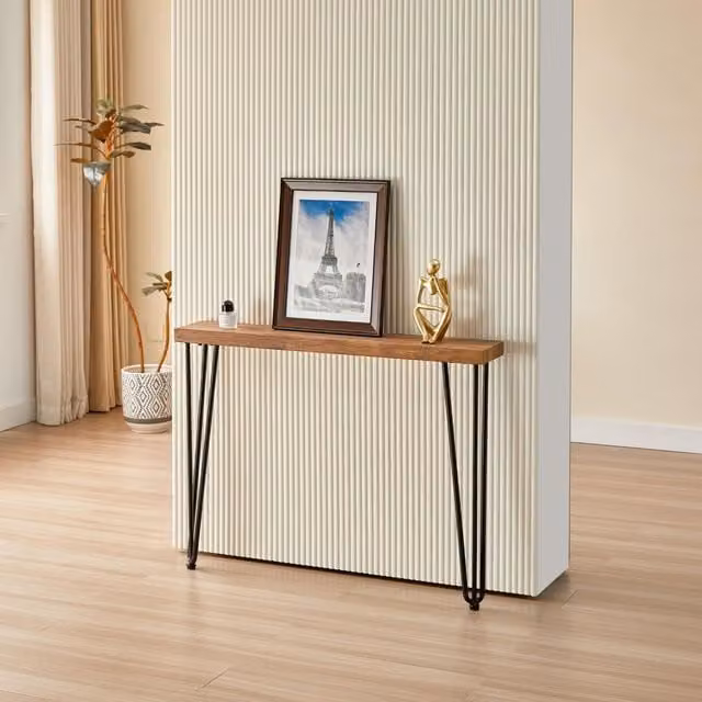 KOSY KOALA Modern Side Console Table with Veneer Top and Bronze Iron Legs, W/D/H: 75 x 17.5 x 26.5 cm