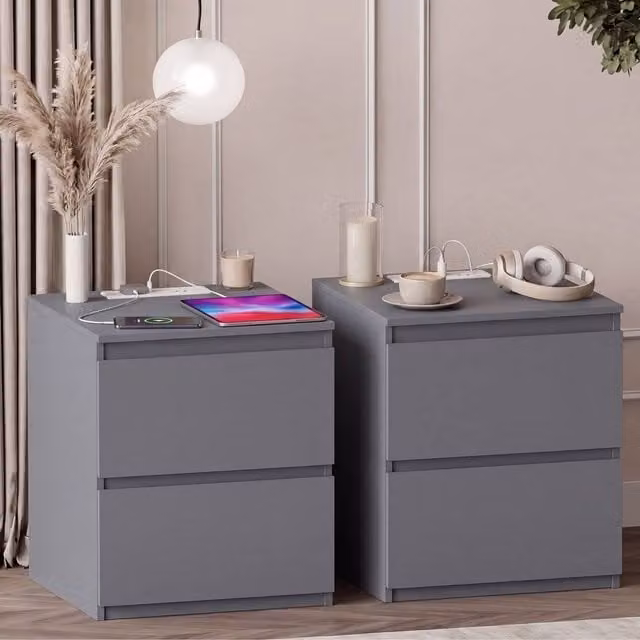Vida Designs Denver 2 Drawer Large Bedside Chest with Power Outlet, Set of 2, Grey