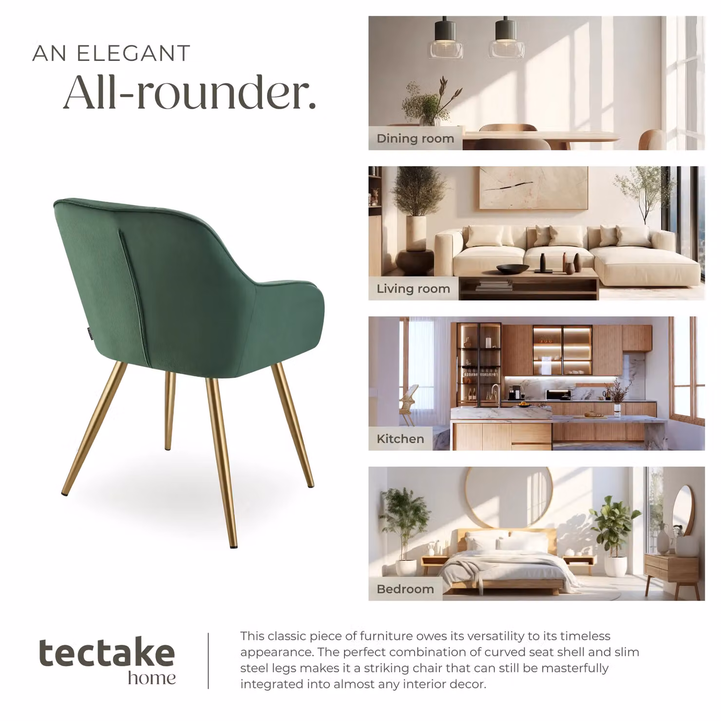 tectake Marilyn Set of 6 Modern Velvet Dining Chairs in Dark Green and Gold – 6