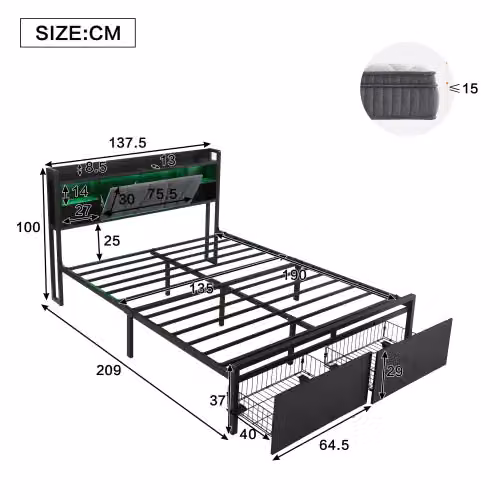 Matteo Black Metal Double Bed with Multi-Colour LED Strip Lights, USB Charging Port and Drawers, W/D/H: 140 x 200 cm – 3