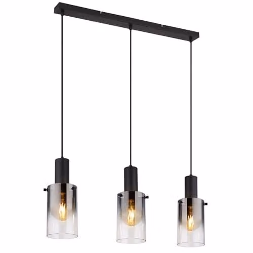 Globo Lighting Florentina Bar Pendant Light in Black with Smoke Glass, 3x E27, Height: 150 cm, Width: 72.5 cm, Depth: 12.5 cm