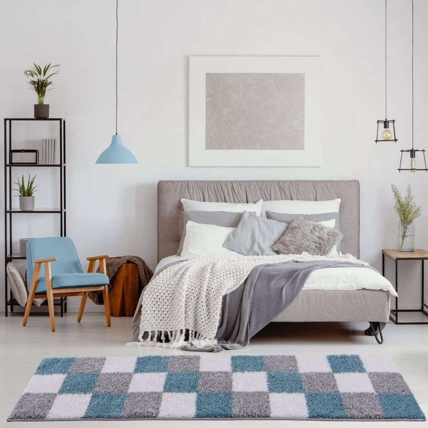 THE RUGS Soft Check High Pile Shaggy Rug, Duck Egg Blue, W: 200 cm, D: 290 cm – 6