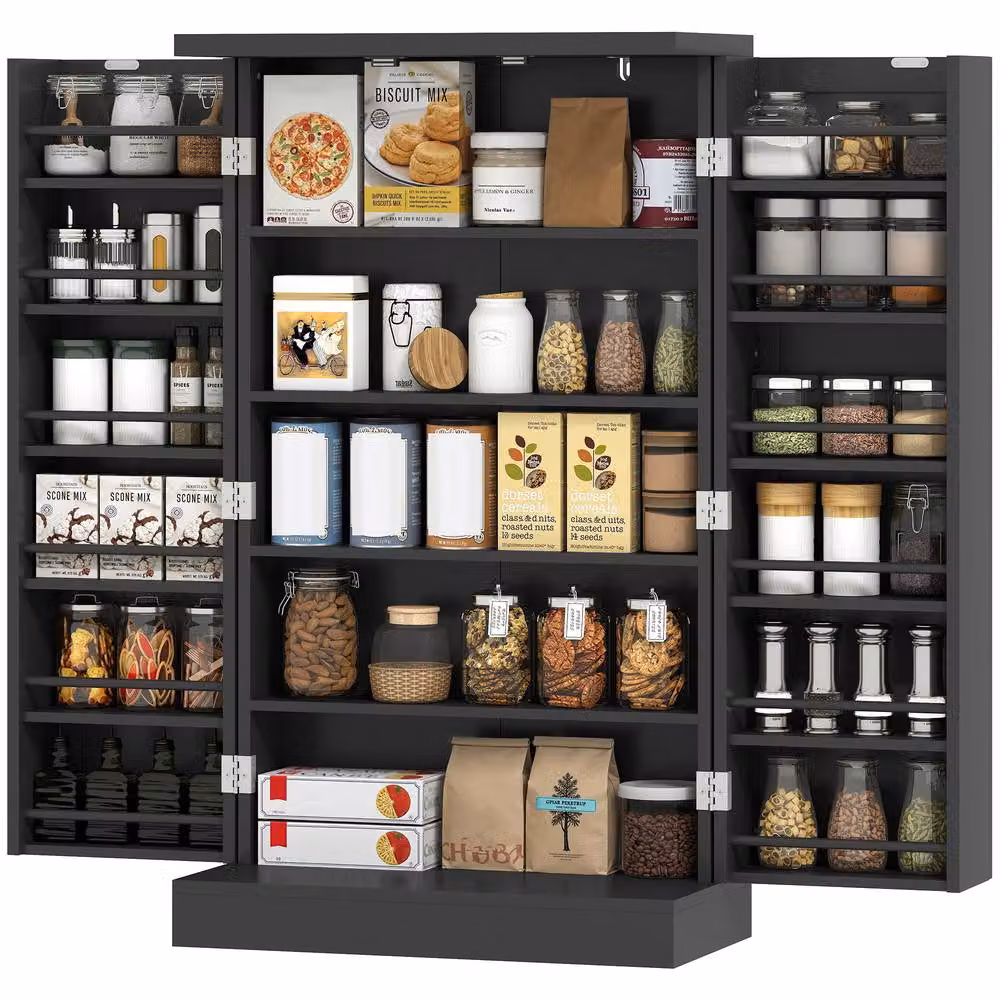 STILVORA Black Lacquered MDF Pantry Cabinet with Hinged Doors and Internal Shelves – 4