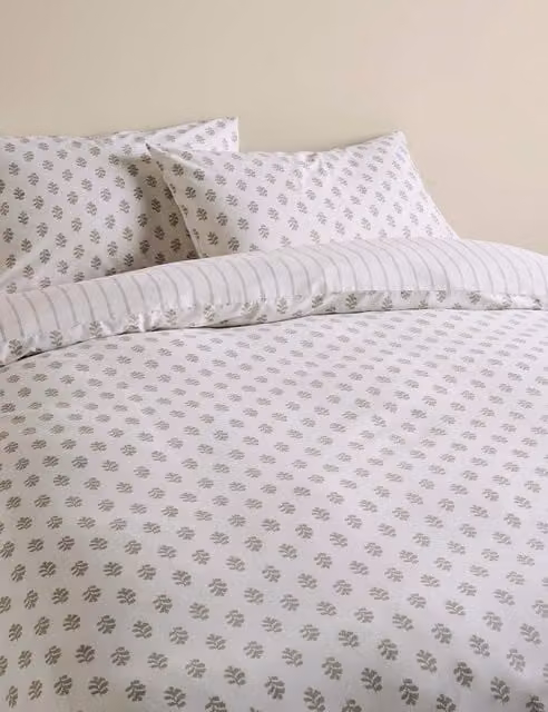M&S Mini Leaf Bedding Set, Marble White, Cotton Blend, 140 x 200 cm