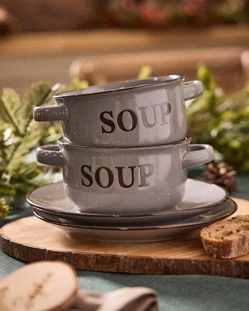 Dibor Set of 2 Ceramic Soup Bowls and Bread Plates in Peppered Grey – 1