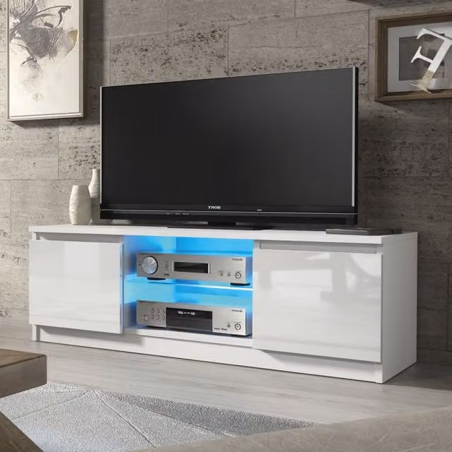 Mex Furniture LTD Modern White Gloss TV Unit with LED Lighting, W: 120 cm, D: 40 cm, H: 38 cm – 1