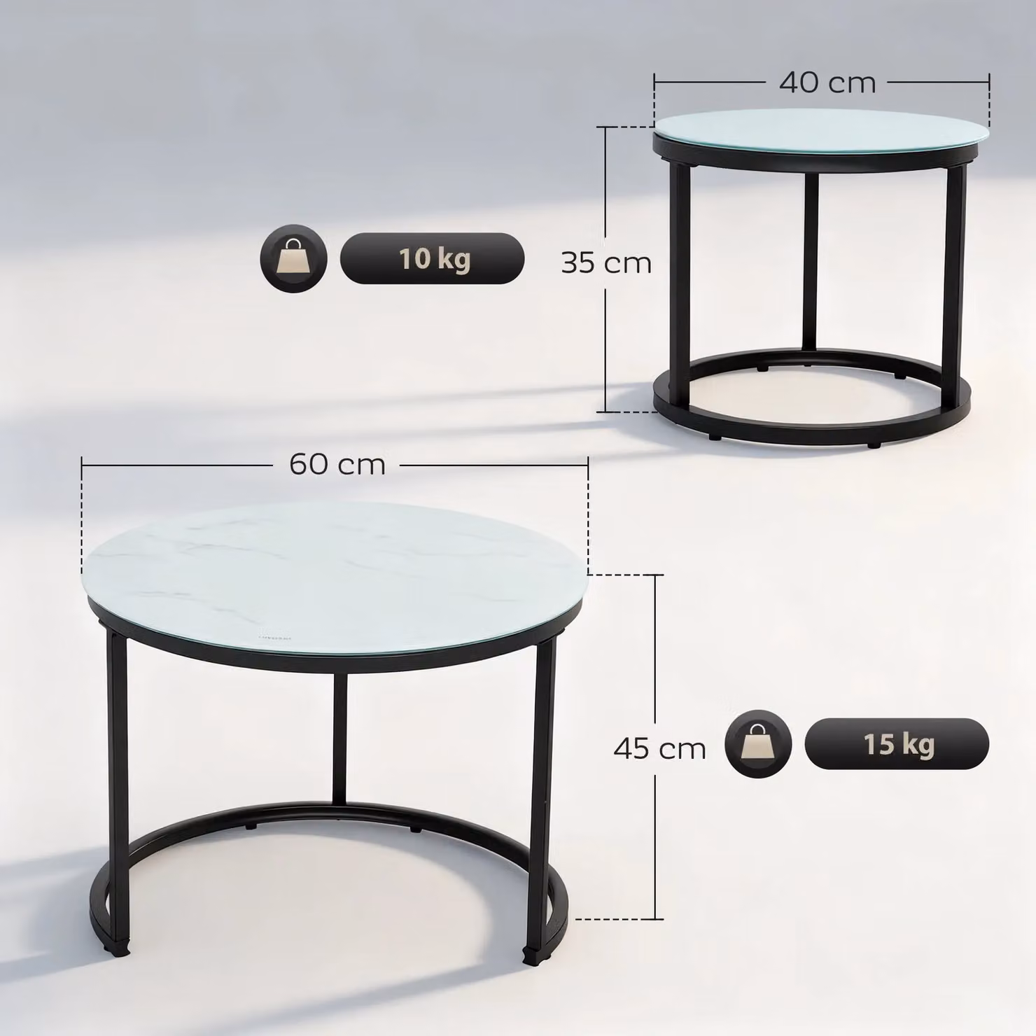 HOMCOM Set of 2 Round White Glass Nest of Tables with Sled Base – 3