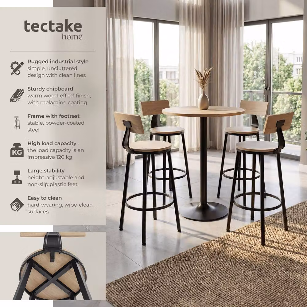 tectake Poole Industrial Set of 4 Bar Stools in Light Oak and Brown – 2