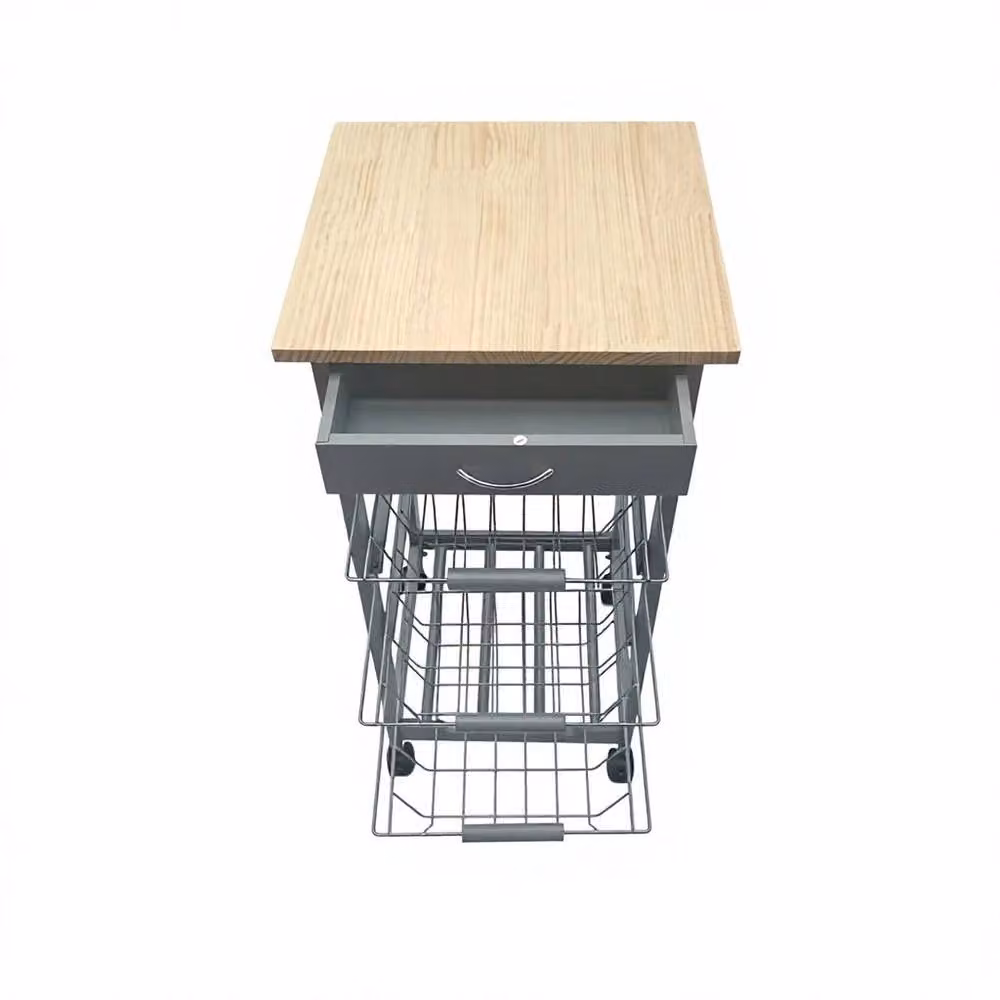 KORVIXA 3 Tier Kitchen Storage Cart Rolling Trolley with Bamboo Worktop, Grey and Multicolour, W/D/H: 100 x 100 x 100 cm – 3