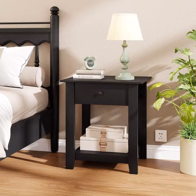 COSTWAY Modern Black Wood Bedside Table for Bedroom