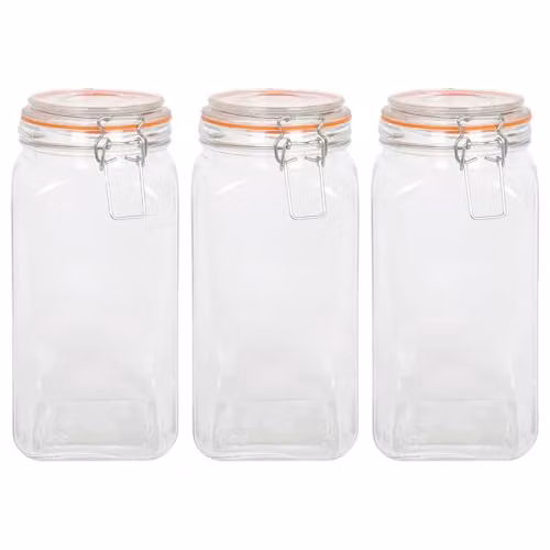 Argon Tableware Pack of 3 Transparent Square Glass Jars with Clip-Top Lids, 1.7 l – 1