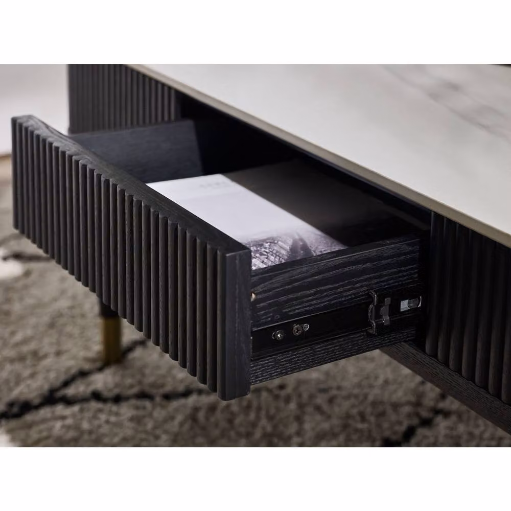 Cheshire Fluted Stone Top Coffee Table with 2 Drawers in White Marble and Black – 5