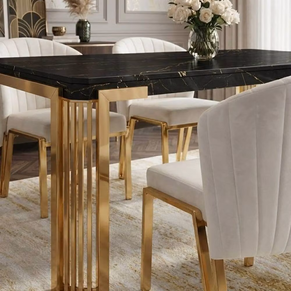 Home Luxe Interior Sorrento 180cm Black Marble Dining Table with Gold Legs and 6 Fabio Beige Chairs – 5