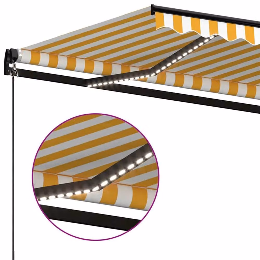 Berkfield Home Manual Retractable Folding Arm Awning with LED, Yellow and White Striped, W: 350 cm, D: 250 cm – 2