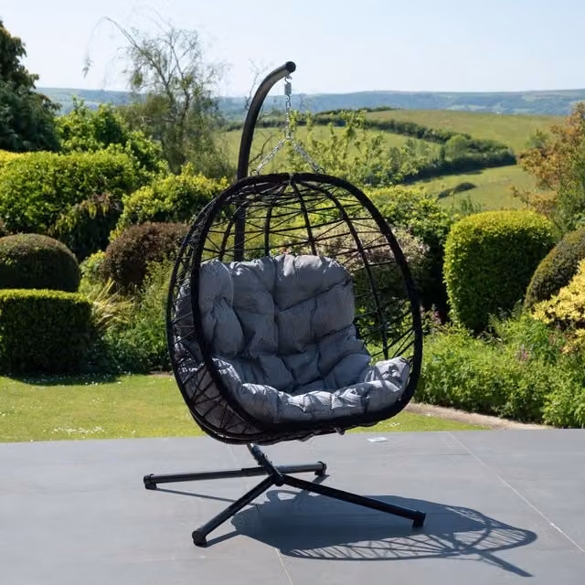 Artemis Home Hebden Modern Hanging Egg Lounge Chair with Stand and Cushions in Grey and Black