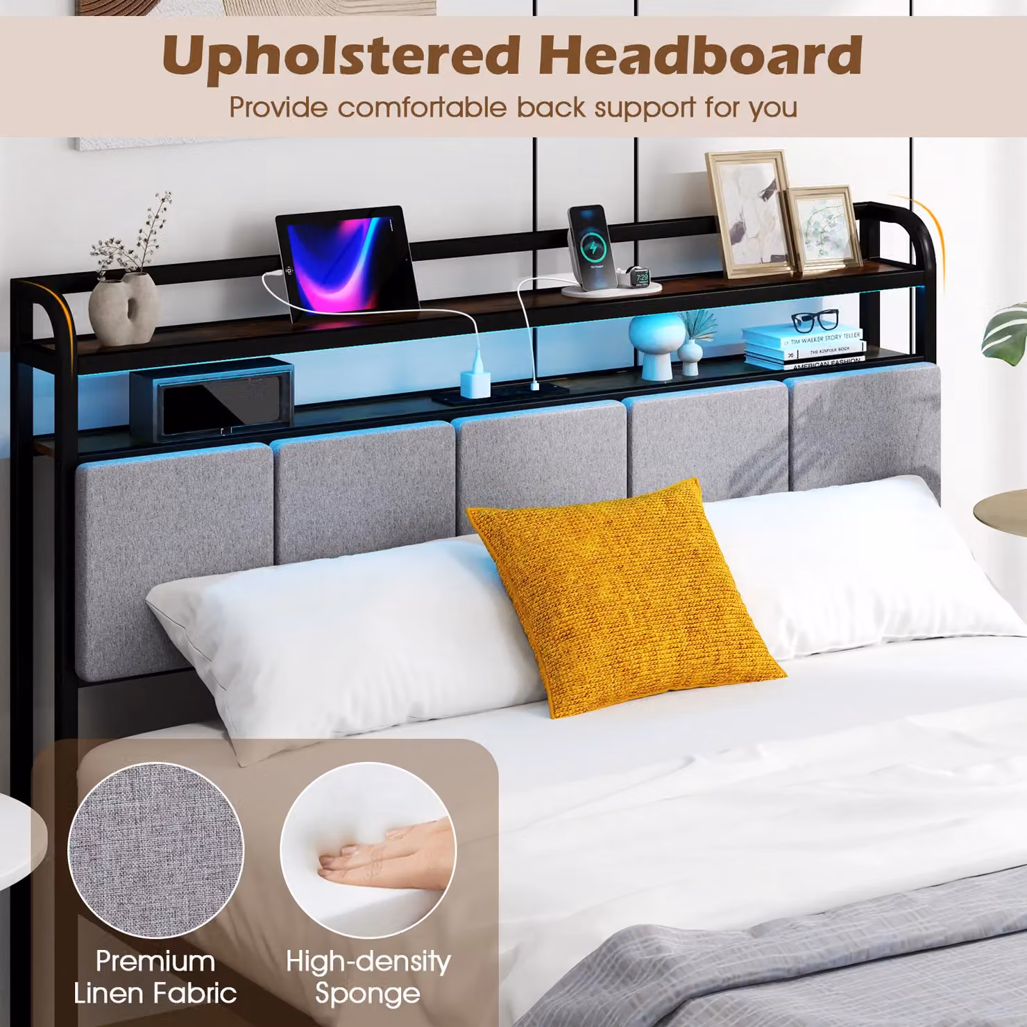 Gymax King Bed Frame with LED Lighting, USB Charging Station and Side Compartments, Black Upholstered Platform Bed, W/D/H: 180 x 200 cm – 2