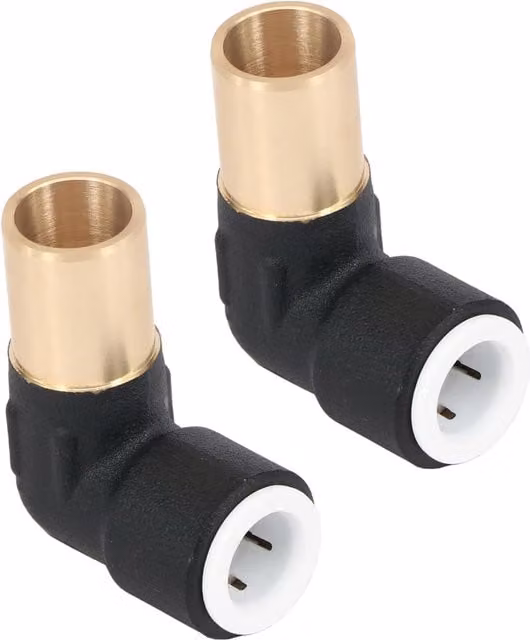 SPARES2GO Pack of 2 Matt Black Brass Push Fit Radiator Valve Reducing Elbow Stem Compression Angle Valves