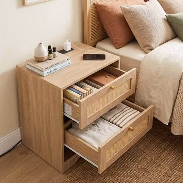 NESTLUNE Brown Nightstand with Integrated LED Light and 2 Drawers, W: 100 cm, D: 15 cm