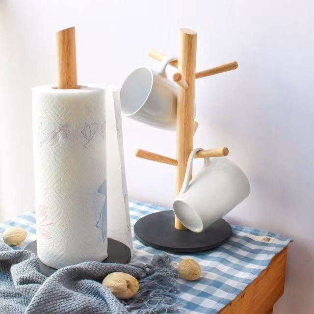 Van Gogh Freestanding Wooden Kitchen Roll and 6 Mug Tree Holder Set in Grey – 1