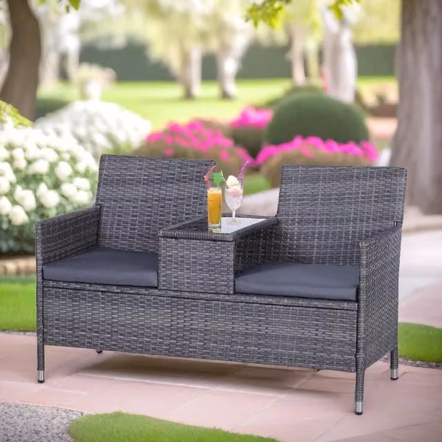 FURNOS 2 Seater Polyrattan Outdoor Bench with Padded Cushions in Black and Grey, W/D/H: 133 x 65 x 84 cm