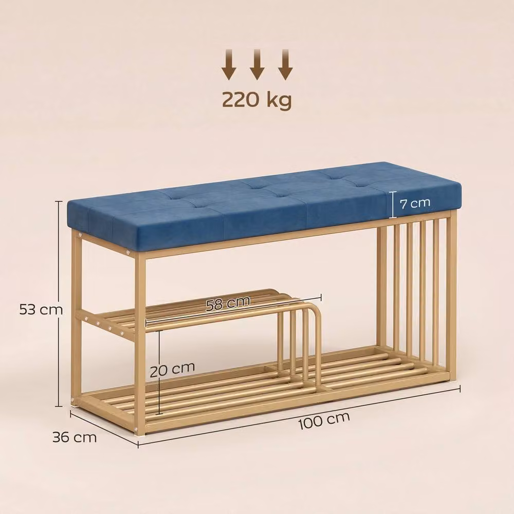 HOMCOM Modern Velvet Shoe Storage Bench with Tufted Seat Cushion in Blue – 3