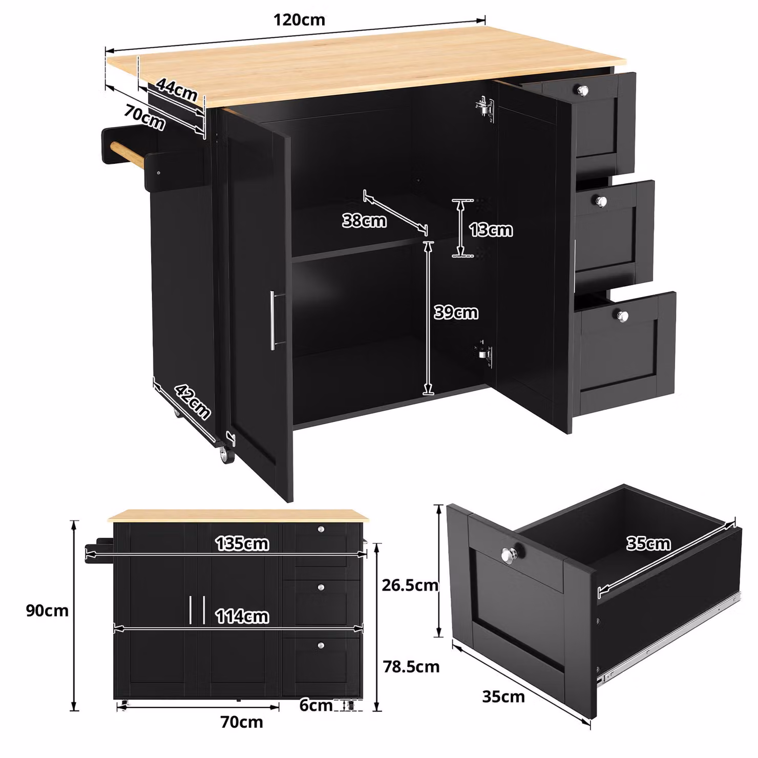 Aosom UK Black Rolling Kitchen Island Trolley with 3 Drawers, 2-Door Cabinet and Foldable Worktop, W: 70 cm, D: 70 cm, H: 90 cm – 3
