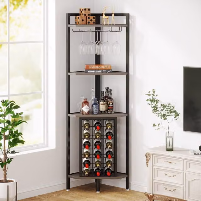 Livingandhome Industrial Freestanding Corner Wine Rack with Glass Holder and Bottle Storage in Black and Brown