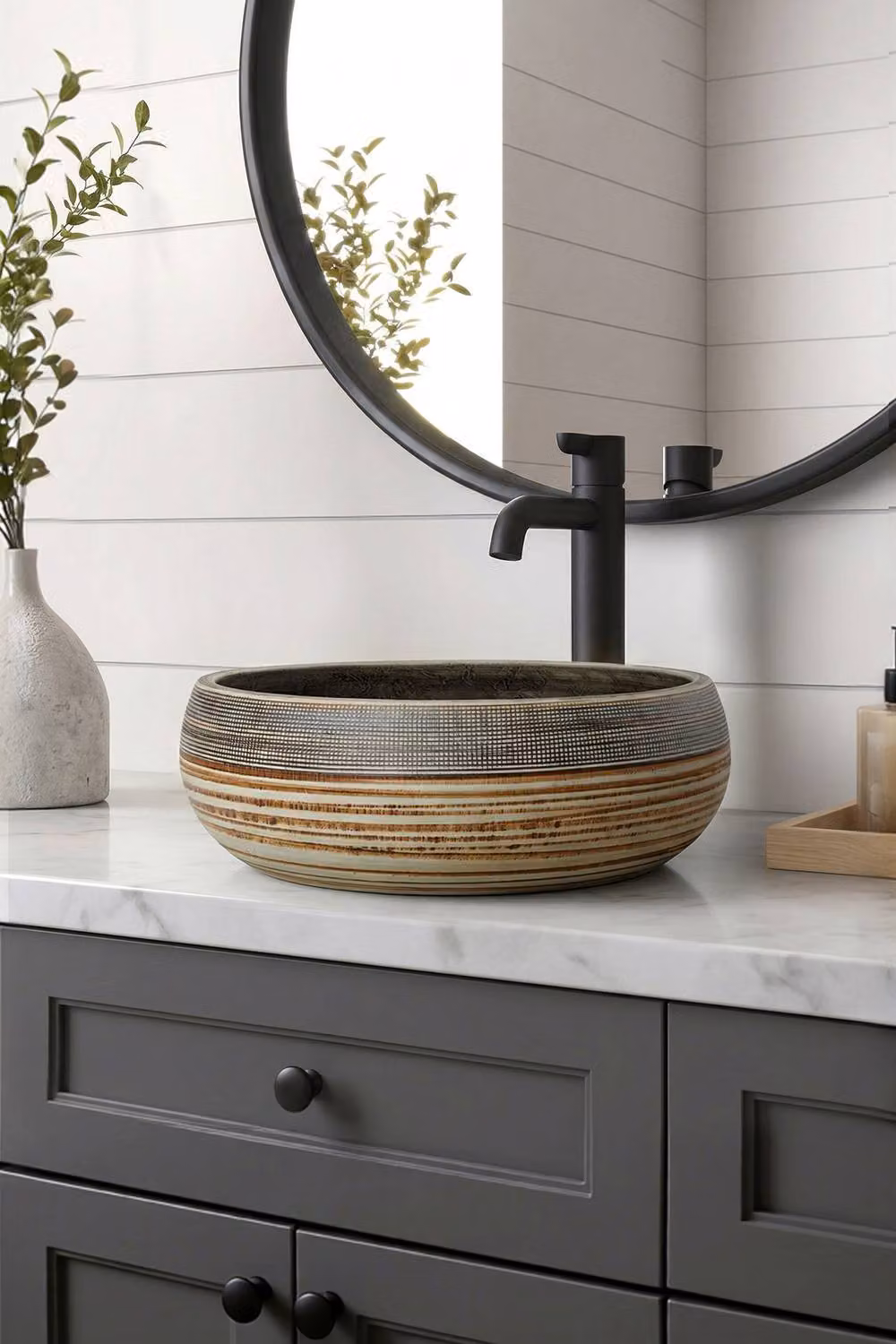 Living and Home Artistic Hand-carved Ceramic Round Countertop Vessel Sink in Multicolour with Waste Kit – 2