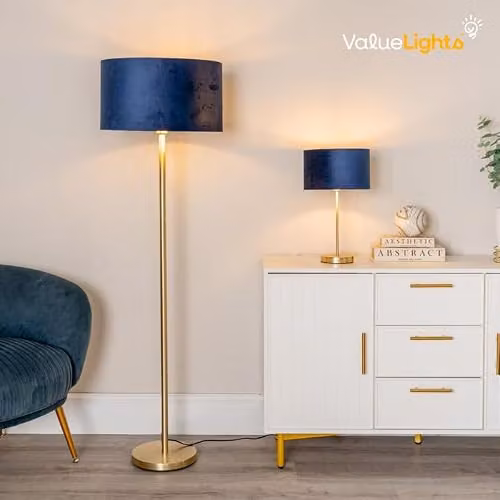 ValueLights Charlie Gold Stem Table Lamp with Blue Fabric Drum Shade and Gold Inner Shade including Warm White Bulb, H 43 cm x W 25 cm x D 25 cm – 3