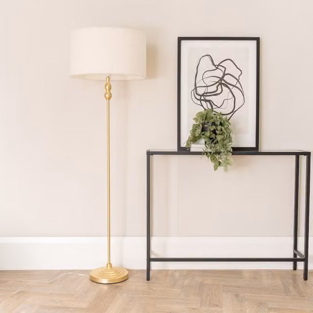 Maggie Gold Floor Lamp with Beige Fabric Boucle Shade in Gold and Brass