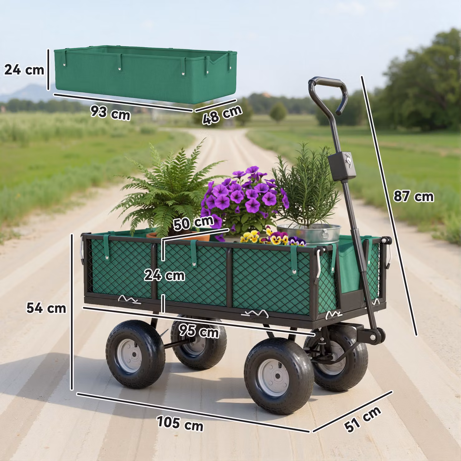 Outsunny Green Garden Cart Trolley with 114L Capacity and Heavy Duty Steel Frame – 3
