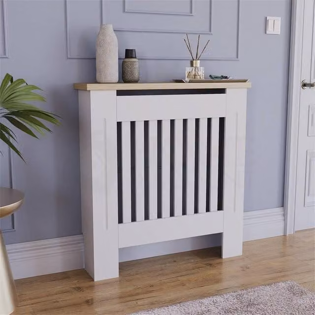 PAWNORA White Striped Lacquered MDF Radiator Cover Small H 83 cm x W 78 cm – 1