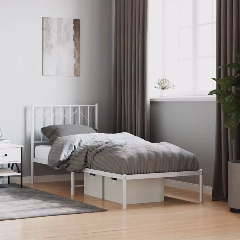 Berkfield Home Metal Bed Frame with Headboard in White, W/D/H: 80 x 200 cm