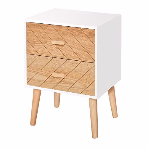 HOMCOM Scandinavian Style 2 Drawer Bedside Table with Pine Legs in Natural and White, W/D/H: 40 x 30 x 55.5 cm