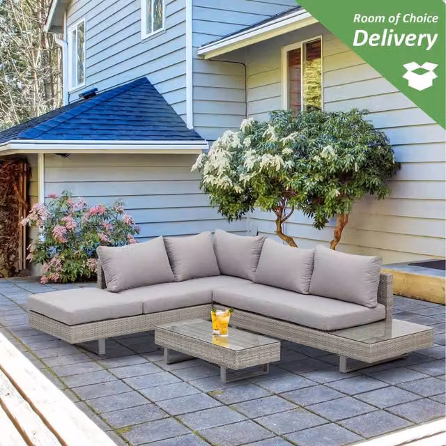 Outsunny 3 Piece Grey Rattan Wicker Sofa Set with Tea Table and Cushions