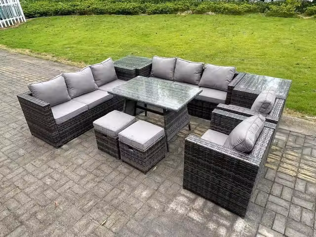 Fimous Dark Grey Wicker Rattan Outdoor Garden Dining Set with Dining Table, 2 Side Tables and 2 Armchairs