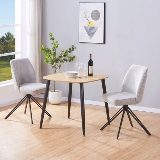 Aspen Light Oak Square Dining Table and 2 Light Grey Fabric Swivel Chairs