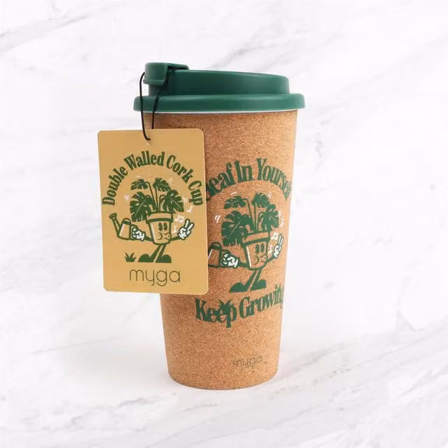Beleaf Myga Double Walled Cork Mug in Green and Brown with Floral Design