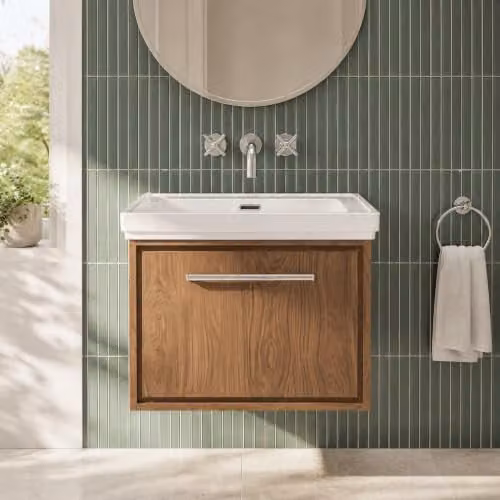 Balterley Antique Oak Wall Hung Vanity Unit with Rectangular Basin and Soft Close Single Drawer – 2