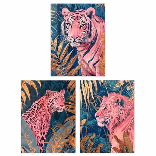 Artery8 Set of 3 Jungle Animal Wall Art Paper Poster Prints in Pink, Gold and Petrol