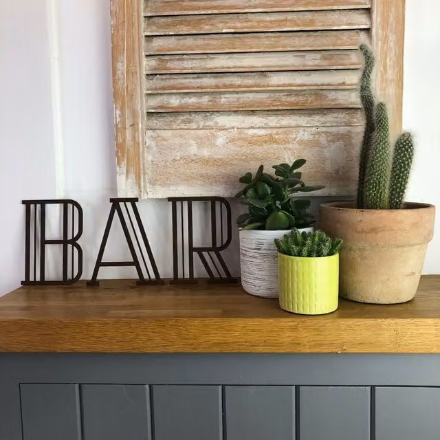 RW Norfolk Art Deco Metal Bar Sign in Rusted Brown, Tabletop Decor