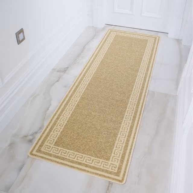 The Rug House Beige Geometric Non Slip Washable Kitchen Utility Mat W: 400 cm, D: 66 cm