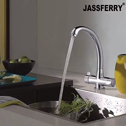 JASSFERRY Chrome Monobloc Mixer Tap for Kitchen Sinks with Swivel Spout and Twin Lever Handles – 3