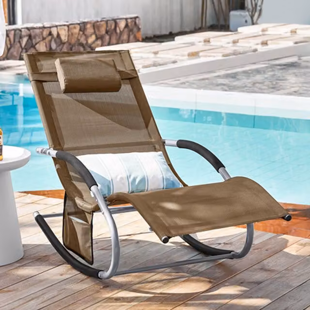 SoBuy Brown Rocking Sun Lounger with Adjustable Headrest, Armrests and Side Pocket