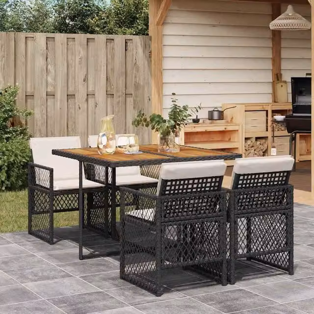 Berkfield Home 5 Piece Black Poly Rattan Garden Dining Set with Cushions