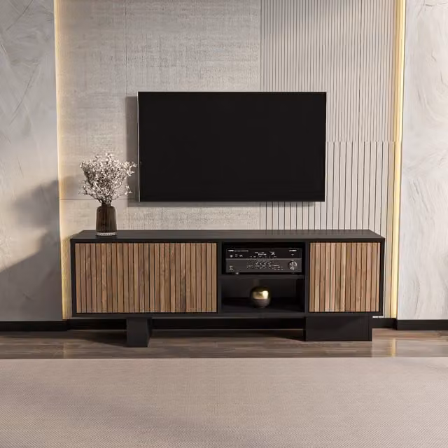 Decorotika Monaco Modern TV Unit in Black and Alina Pattern, W: 150 cm, H: 54 cm, D: 35 cm