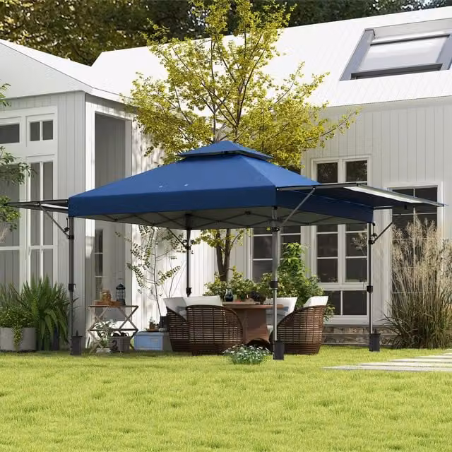 Outsunny Blue Pop Up Canopy Tent with Extended Dual Awning, W/D/H: 300 x 300 x 300 cm
