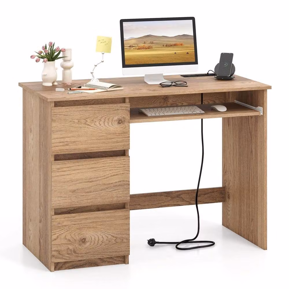 FORGEVIO Modern Office Computer Desk with Drawers in Brown – 4