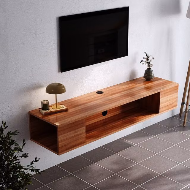 Livingandhome Modern Wall Mounted Floating TV Unit with Media Storage Compartments in Brown