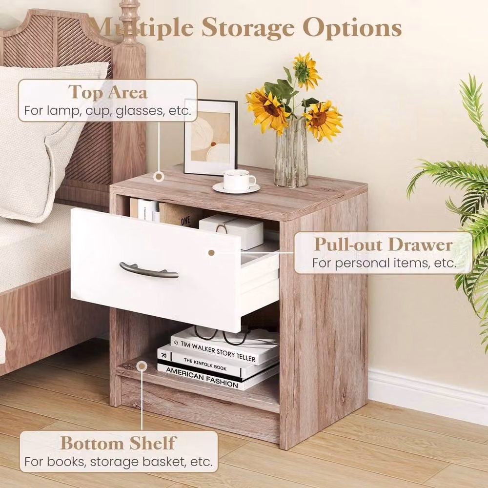 VOGREX Oak 3-Tier Nightstand with Drawer in Beige – 2